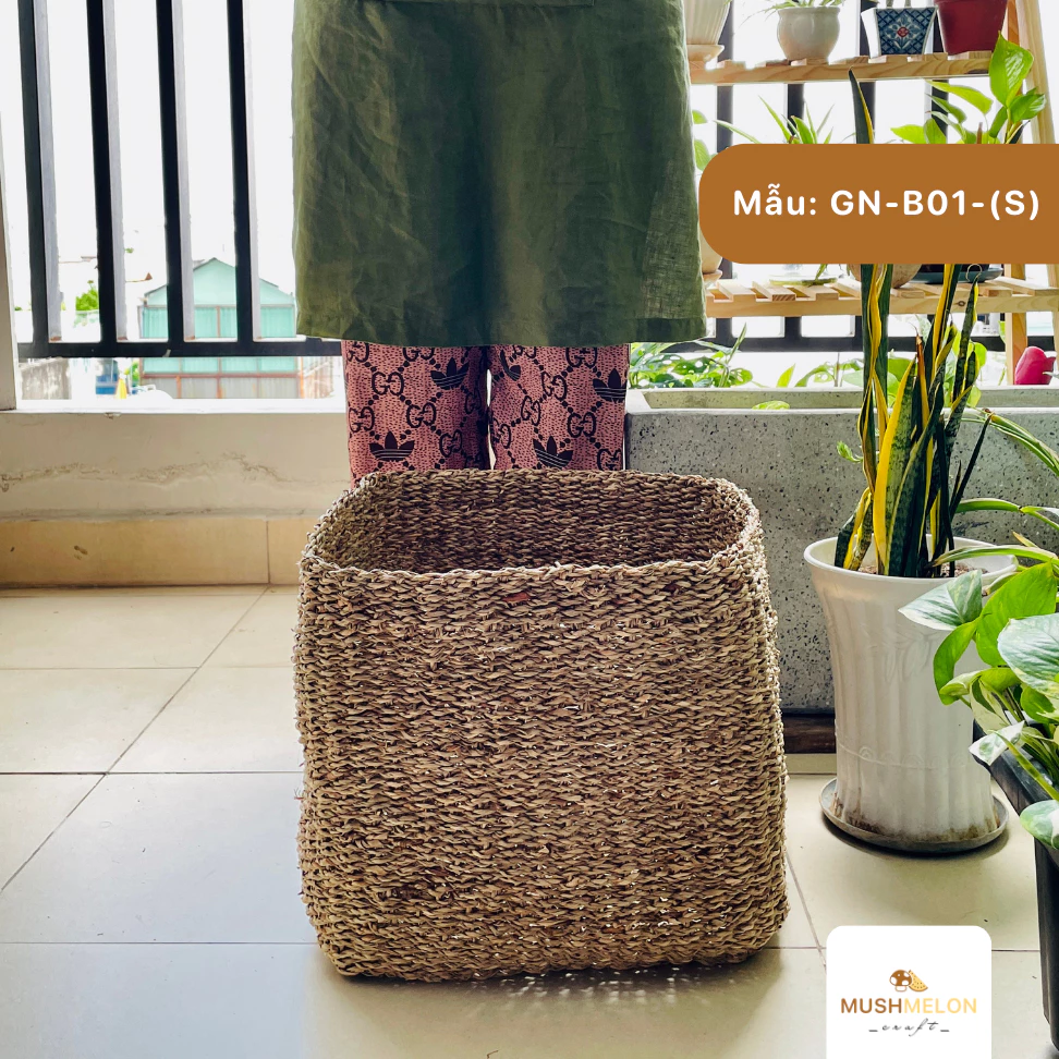 手編みシーグラス製スクエアバスケット Sサイズ - 新築祝い、植木鉢カバー、モダンインテリア、収納に