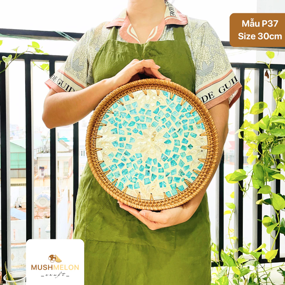 ベトナム伝統工芸 籐製 丸盆 螺鈿細工 30cm P37 | 手作り 高級 ギフト デコレーション ティータイム フルーツ皿