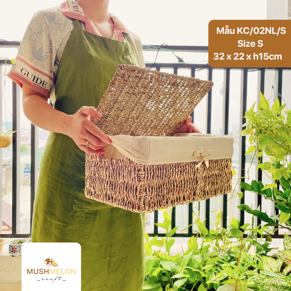 蓋付きシーグラス製長方形バスケット Sサイズ - 収納・整理整頓・インテリア飾り・クリスマス・新築祝いに最適！ベトナム手作り工芸品