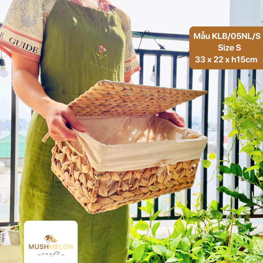 天然素材 ホテイアオイ製 蓋付き長方形バスケット S - クリスマス装飾・新築祝い・収納用