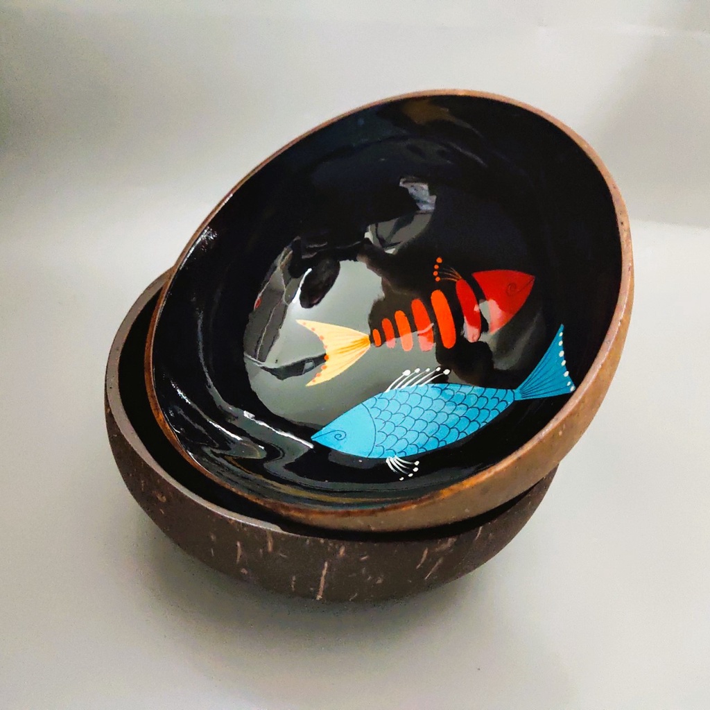 ベトナム雑貨 2種のココナッツボウル 鯉のアート 漆塗り