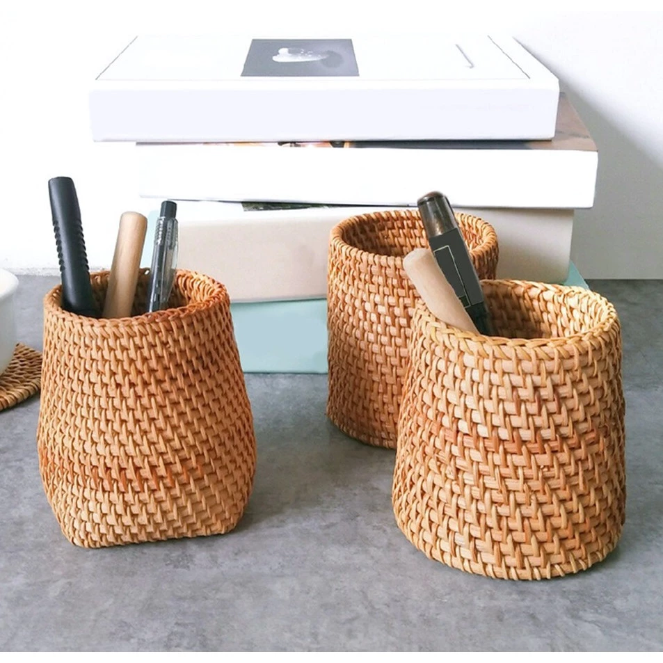 手編みラタン製多機能バスケット ヴィンテージ風 小物入れ ペン立て 化粧品収納 輸出品質