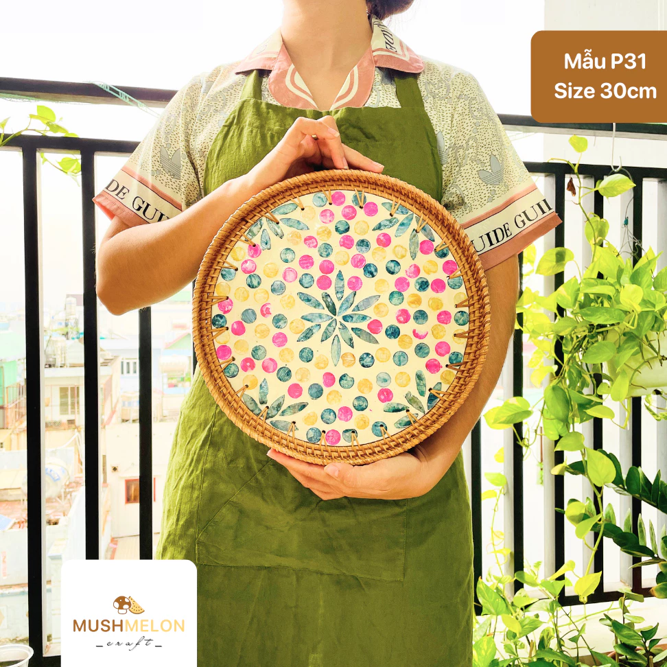 手編みラタントレイ 真珠貝象嵌 P31 30cm 高級手作り品 ギフト・デコレーション・お茶菓子・フルーツ盛り合わせに