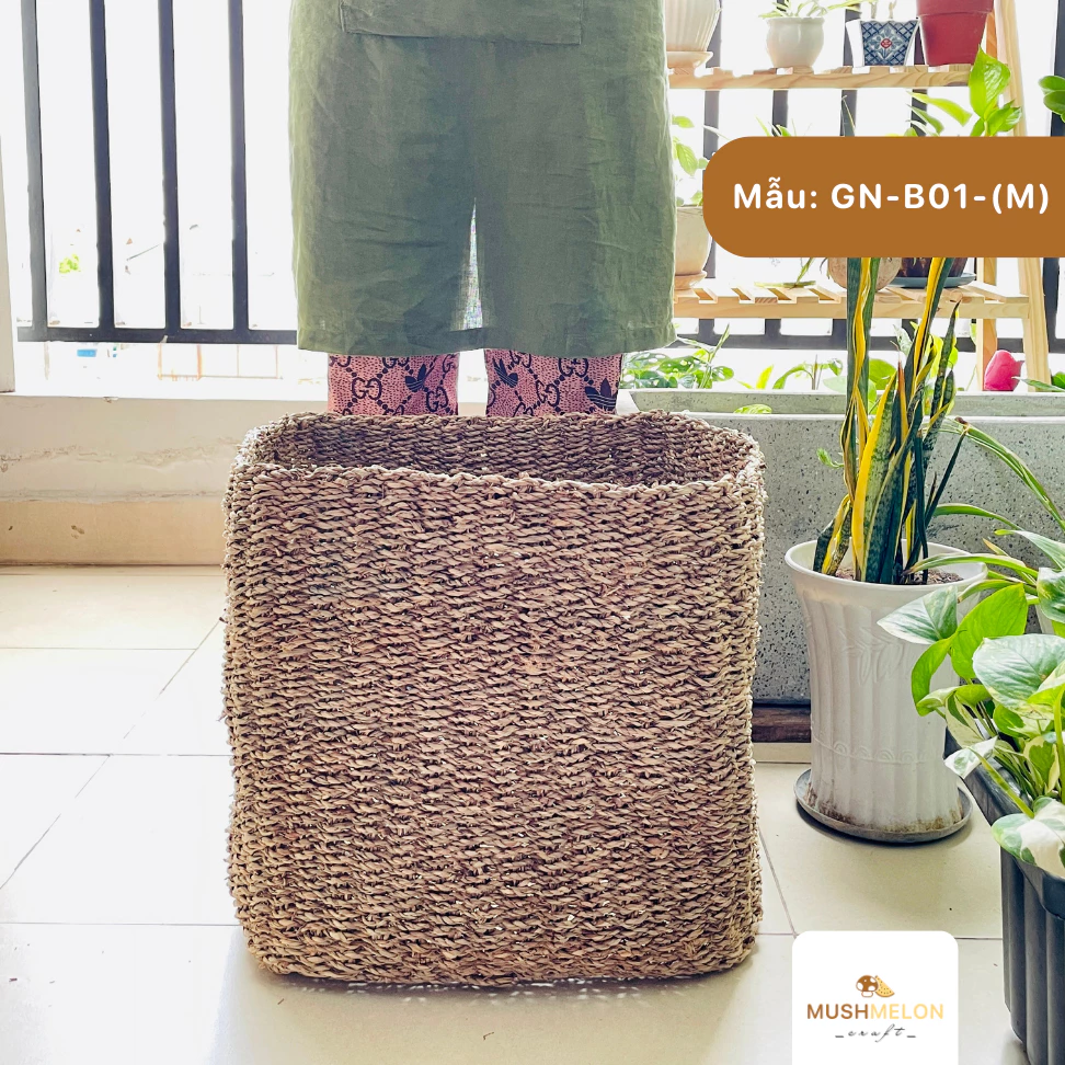 手編みシーグラス製スクエアバスケット Mサイズ – 新築祝い、観葉植物鉢カバー、収納に