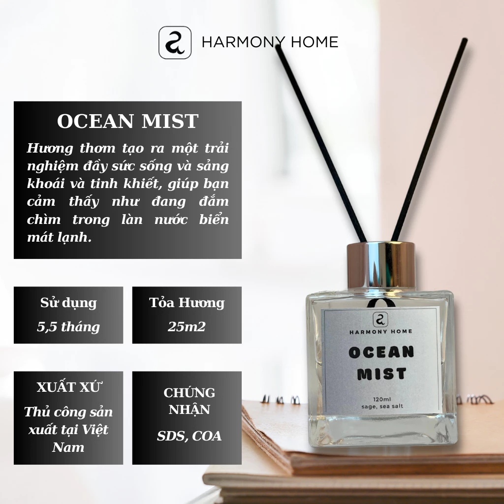 ハーモニーホーム オーシャンミスト リードディフューザーオイル 120ml - 爽やかでピュアな香水グレードの香り