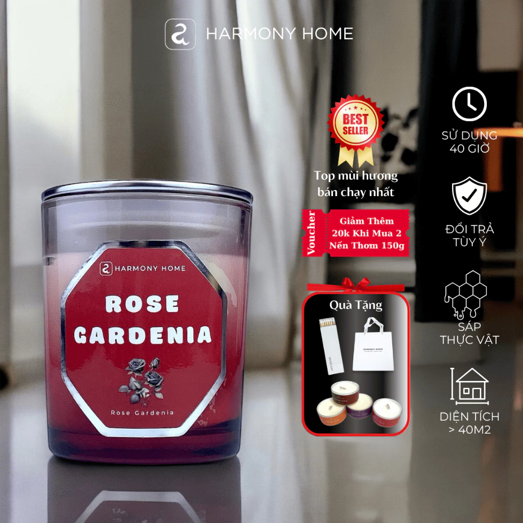 ハーモニーホーム ローズガーデニア アロマキャンドル [A] - 輸入ローズの香り、天然ワックス、150gジャー