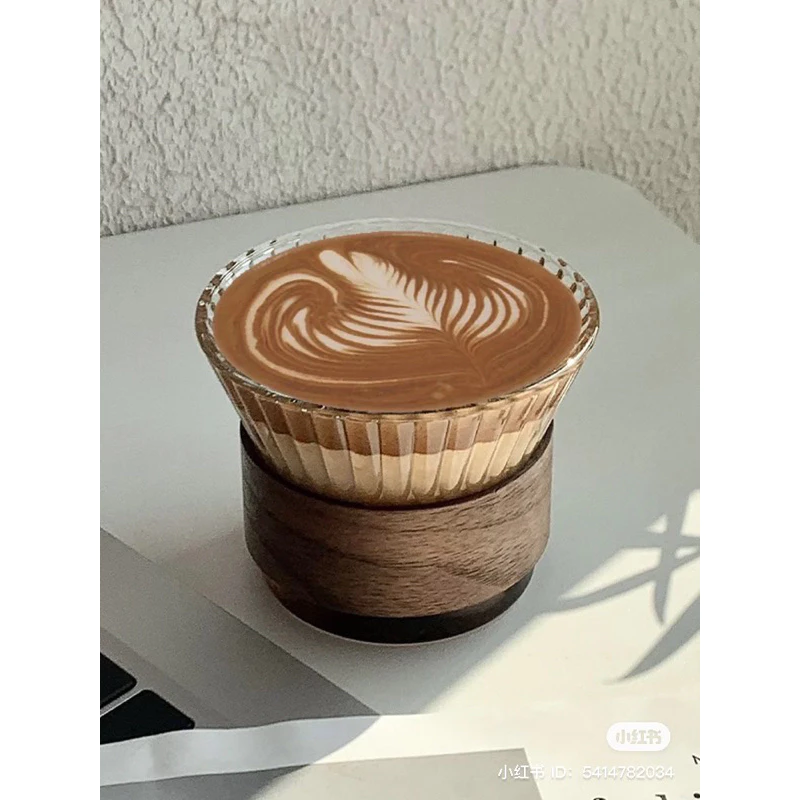 耐熱ガラス製キャンディカップ - ウッドリング付き独創的なティー・コーヒーマグ (220ml)