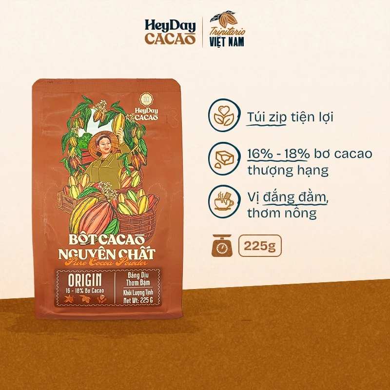 「HeydayCacao」最高級オリジン100%純粋無糖カカオパウダー 225g (ココアバター16-18%)