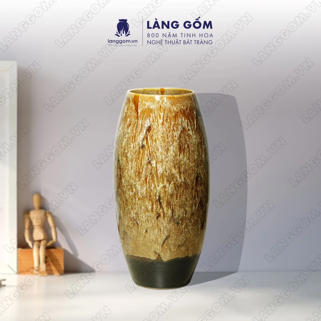ベトナム バッチャン焼き 高級窯変釉 花瓶 壺 琥珀ブラウン ボム型 (大) ギフト・装飾品【ラングゴム】