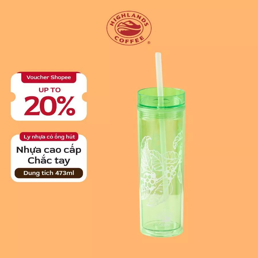 ハイランズコーヒー リーフ柄ストロー付きタンブラー (青) 473ml