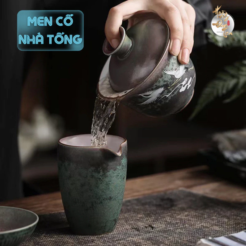 HOÀNG ĐAN TEA 景徳鎮手描き 鶴仙蓋碗 200ML - 宋代古釉 高品質茶器 茶道ギフト