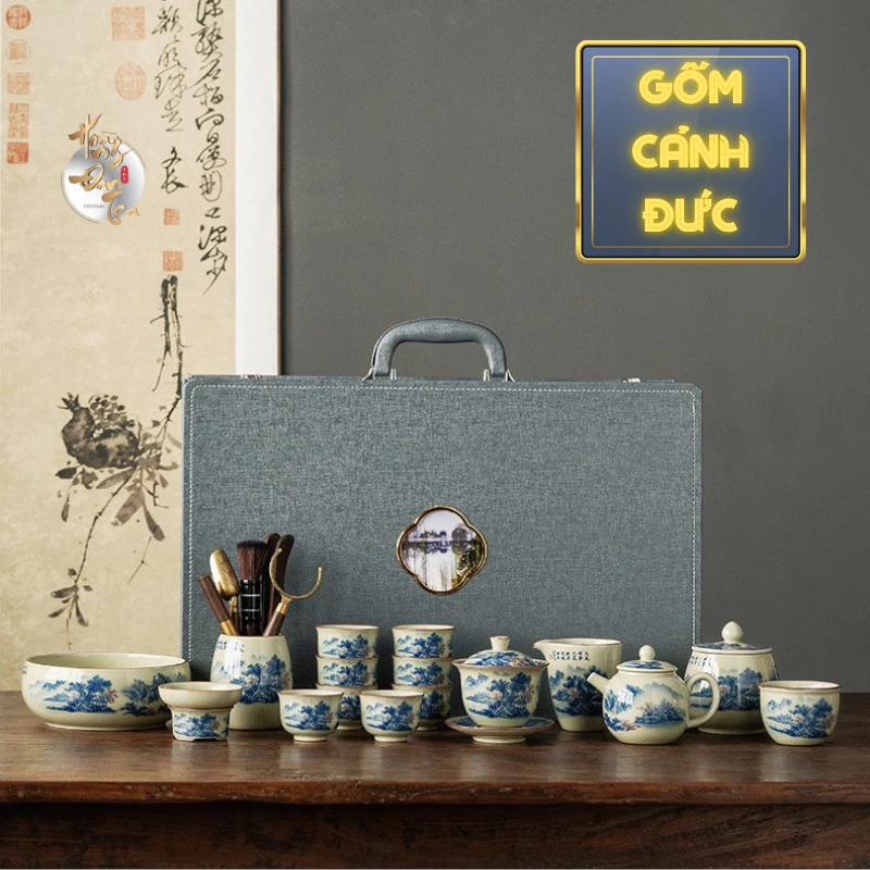 HOÀNG ĐAN TEA 景徳鎮 江山図 茶道セット 17点 高級陶磁器製 中秋節ギフトボックス入り