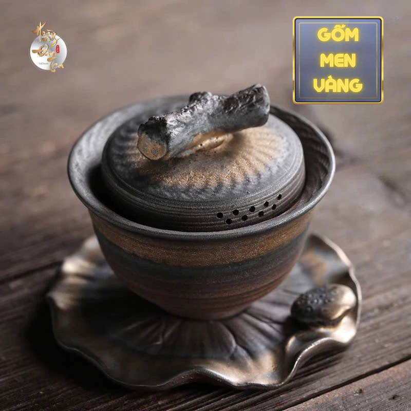 HOÀNG ĐAN TEA 宜興土 黄色釉薬 蓮柄 蓋碗 170ml 茶道用主茶碗 手作り陶器