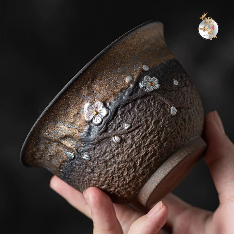 HOÀNG ĐAN TEA 宜興土 黄釉 梅柄 蓋碗 200ml 茶道用主杯 ソーサー付き