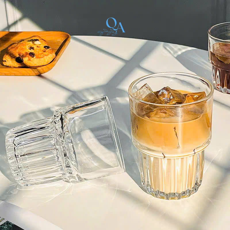 I1 2段階ストライプデザインガラスカップ 高級トラディショナルデザイン 300ml 家庭用・カフェ用