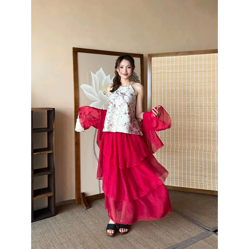 【シルクジャケット特典】夢幻の歌姫セット (Mộng Cầm) - ガム生地ベスト＆4層フレアスカート Wepretty 2025年テト旧正月アオザイ AH13