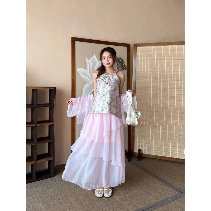 【シルクジャケット特典】夢幻の歌姫セット (Mộng Cầm) - ガム生地ベスト＆4層フレアスカート Wepretty 2025年テト旧正月アオザイ AH13
