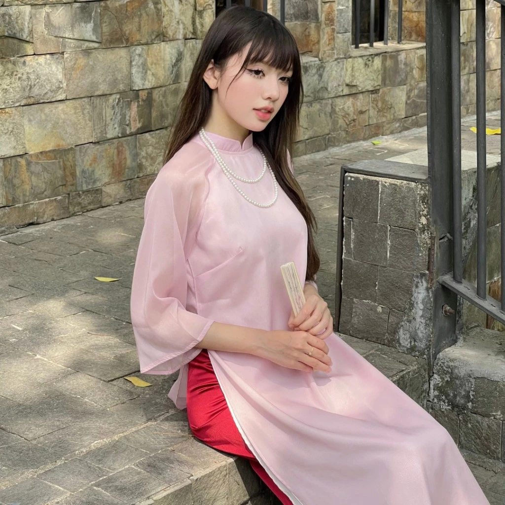 Wepretty TẦM XUÂN アオザイ 二重裾 シルク裏地 赤いシルクパンツセット ベトナム伝統衣装