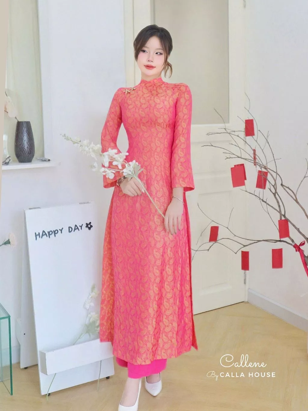 Callene MẪN TIÊN 伝統デザイン 高級シルク2枚仕立てアオザイ ピンクパンツセット (CC448)