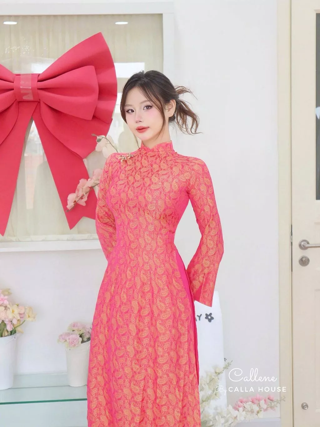 Callene MẪN TIÊN 伝統デザイン 高級シルク2枚仕立てアオザイ ピンクパンツセット (CC448)
