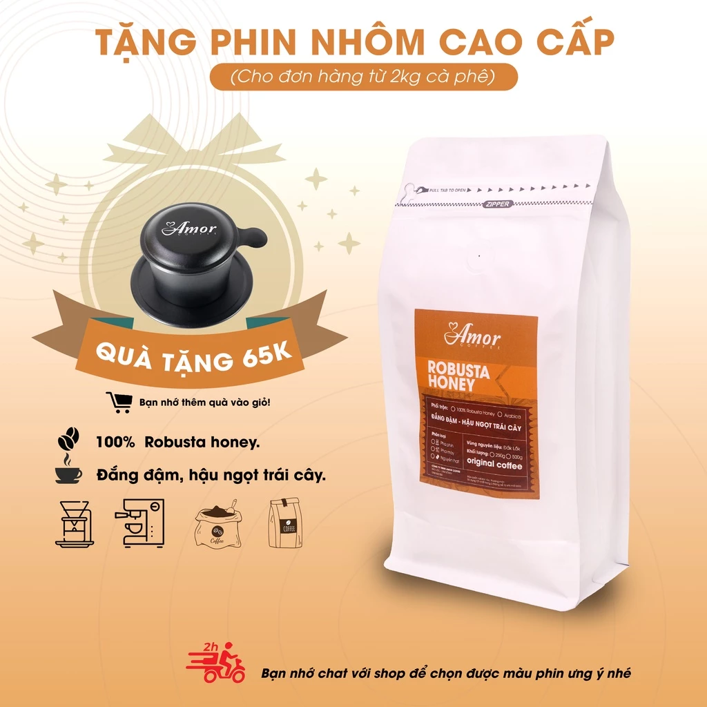 AMOR COFFEE「GU HẬU NGỌT」ベトナム ロブスタ ハニーコーヒー 500g - 100%ピュア、細挽き、後味の甘さが特徴！