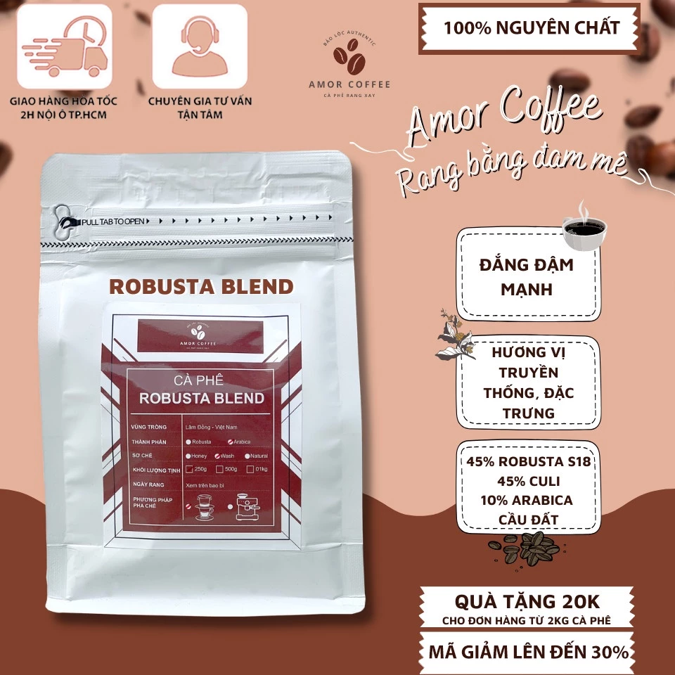 AMOR COFFEE 伝統の味 GU TRUYỀN THỐNG ロブスタブレンド 100%純粋 ホールビーン 250g 無添加焙煎 フィン・マシン対応