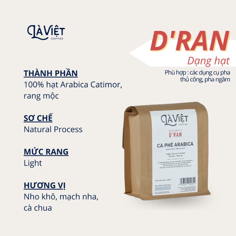 LÀ VIỆT ダラットシリーズ4：D’ran 100%アラビカ豆 250g – 軽やかな風味、手淹れ専用コーヒー豆
