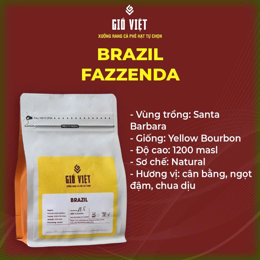 Gió Việt Coffee ロースター厳選：ブラジル産アラビカコーヒー豆 - 濃厚な甘みとバランスの取れた後味、ホールビーン