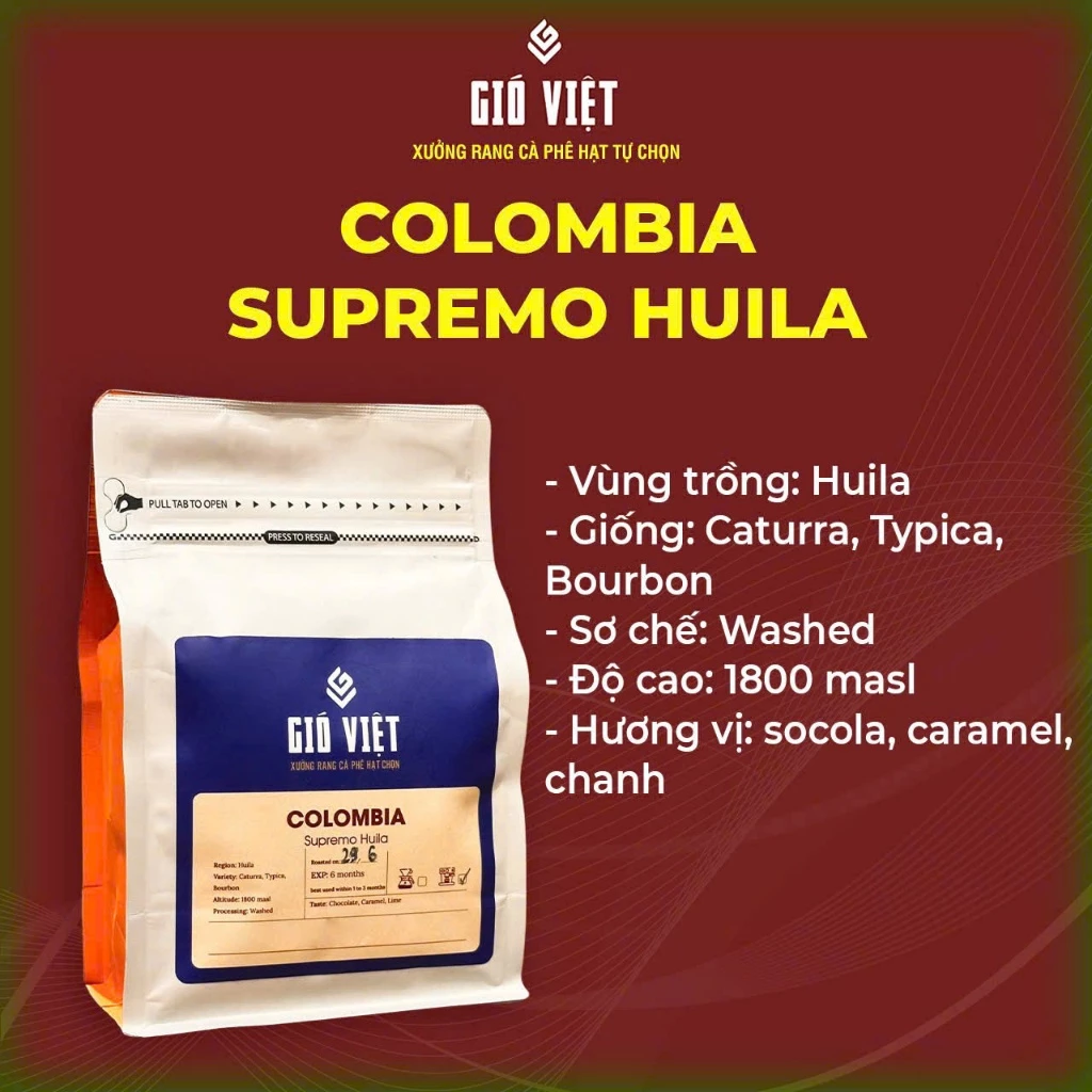 コロンビア産 ウィラ・ブルボン種 アラビカ スペシャルティコーヒー 250g 中煎りホールビーンズ - Gió Việt Coffee Roaster