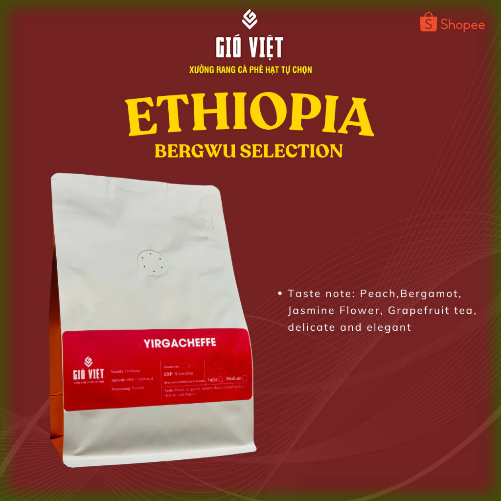Gió Việt Coffee Roaster エチオピア イルガチェフェ ミディアムロースト ウォッシュド エスプレッソ用極細挽き (ピーチ＆ベルガモット香る) 250g