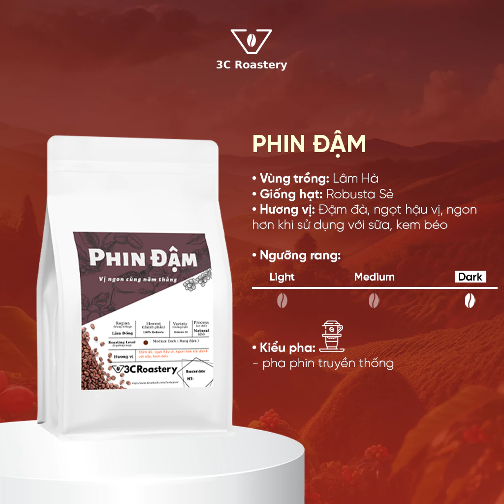 3Cロースタリー PHIN ĐẬM 100%純粋ロブスタコーヒー豆 極深煎り 超濃厚 芳醇 クリーミー 1000g