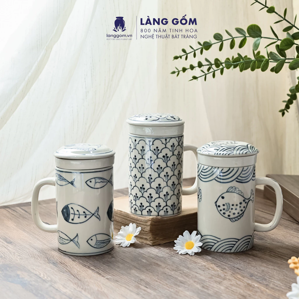バッチャン陶器製 手描きティーフィルターカップ 蓋付き (400ml) - 高級ベトナムセラミック - Làng Gốm