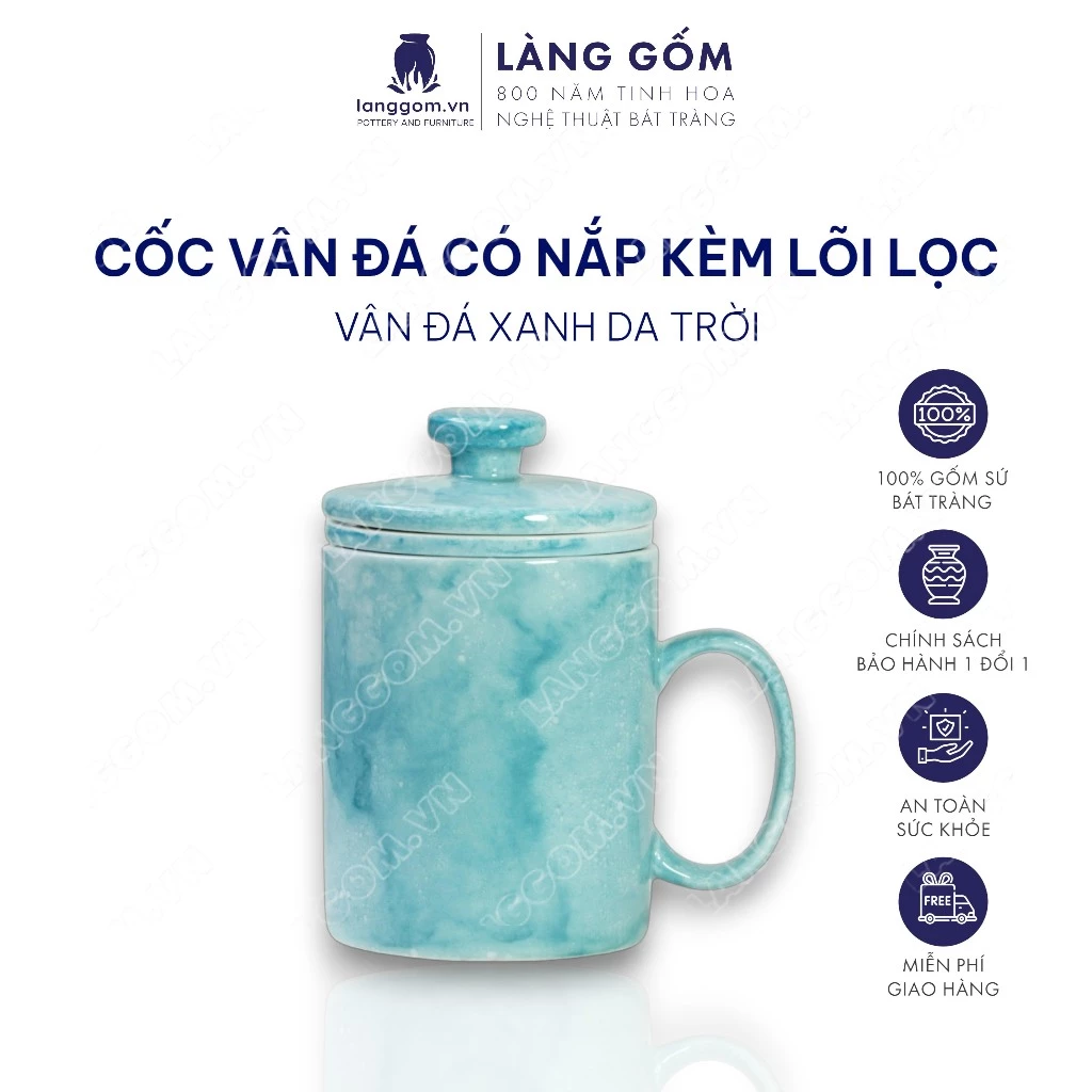 【LÀNG GỐM】バッチャン焼 石目調 茶漉し付き C字ハンドルマグカップ 350ml - 高品質ベトナム陶器