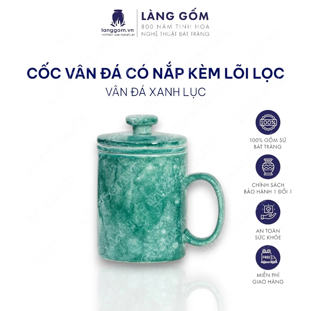 【LÀNG GỐM】バッチャン焼 石目調 茶漉し付き C字ハンドルマグカップ 350ml - 高品質ベトナム陶器