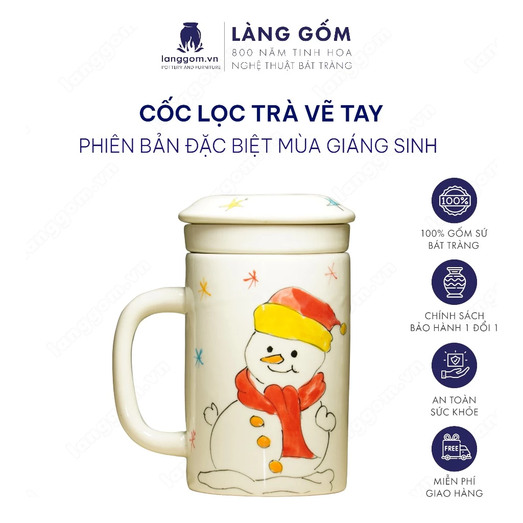 Làng Gốm バッチャン焼 クリスマス手描き 蓋付き高級茶こしマグカップ 380ml - ギフトにおすすめ