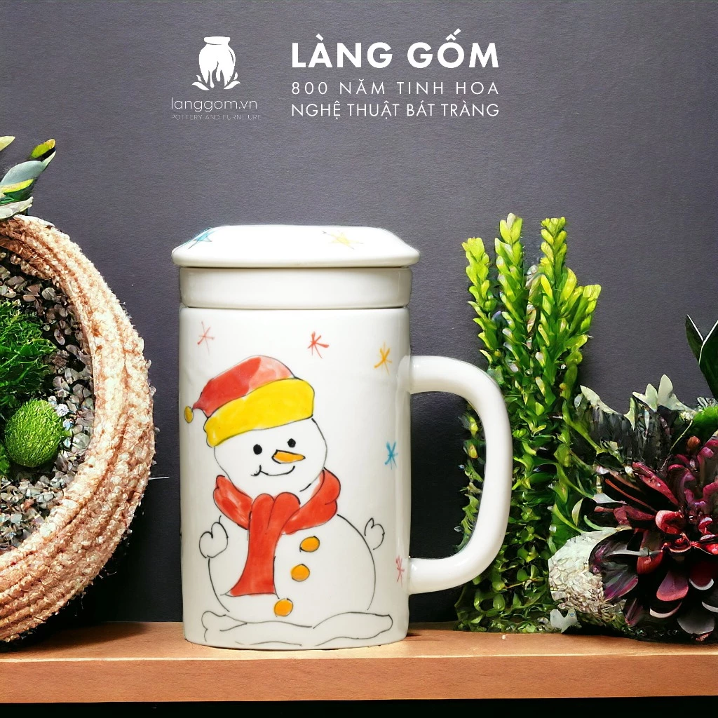 Làng Gốm バッチャン焼 クリスマス手描き 蓋付き高級茶こしマグカップ 380ml - ギフトにおすすめ