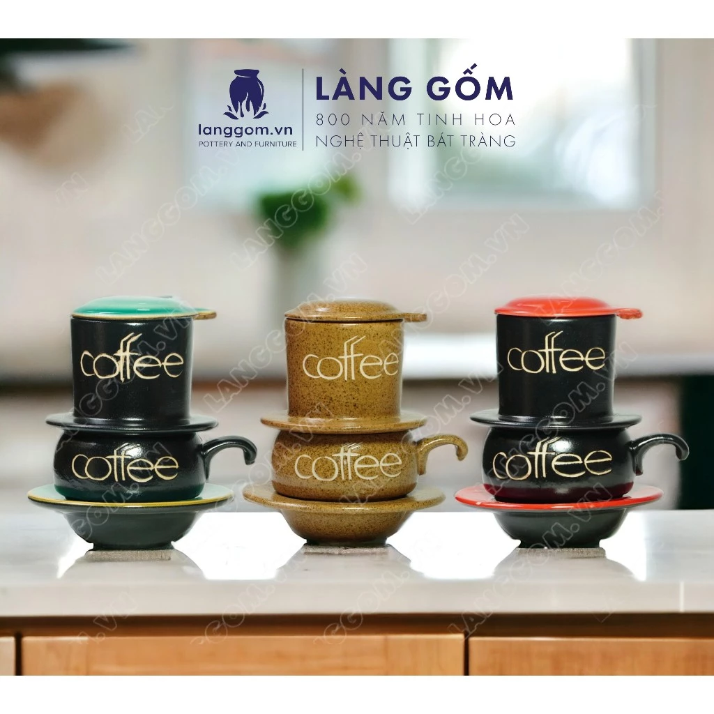 バッチャン焼き ホアビエン釉 コーヒーフィルター＆マグカップセット (取っ手付き/多彩) - Làng Gốm