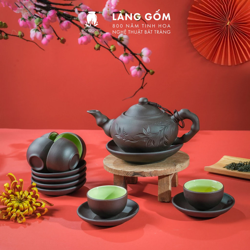 バッチャン焼 職人手作り 陶器茶器セット (急須/蓋碗式) トレイまたは銘々皿付き - 高品質ベトナム茶器