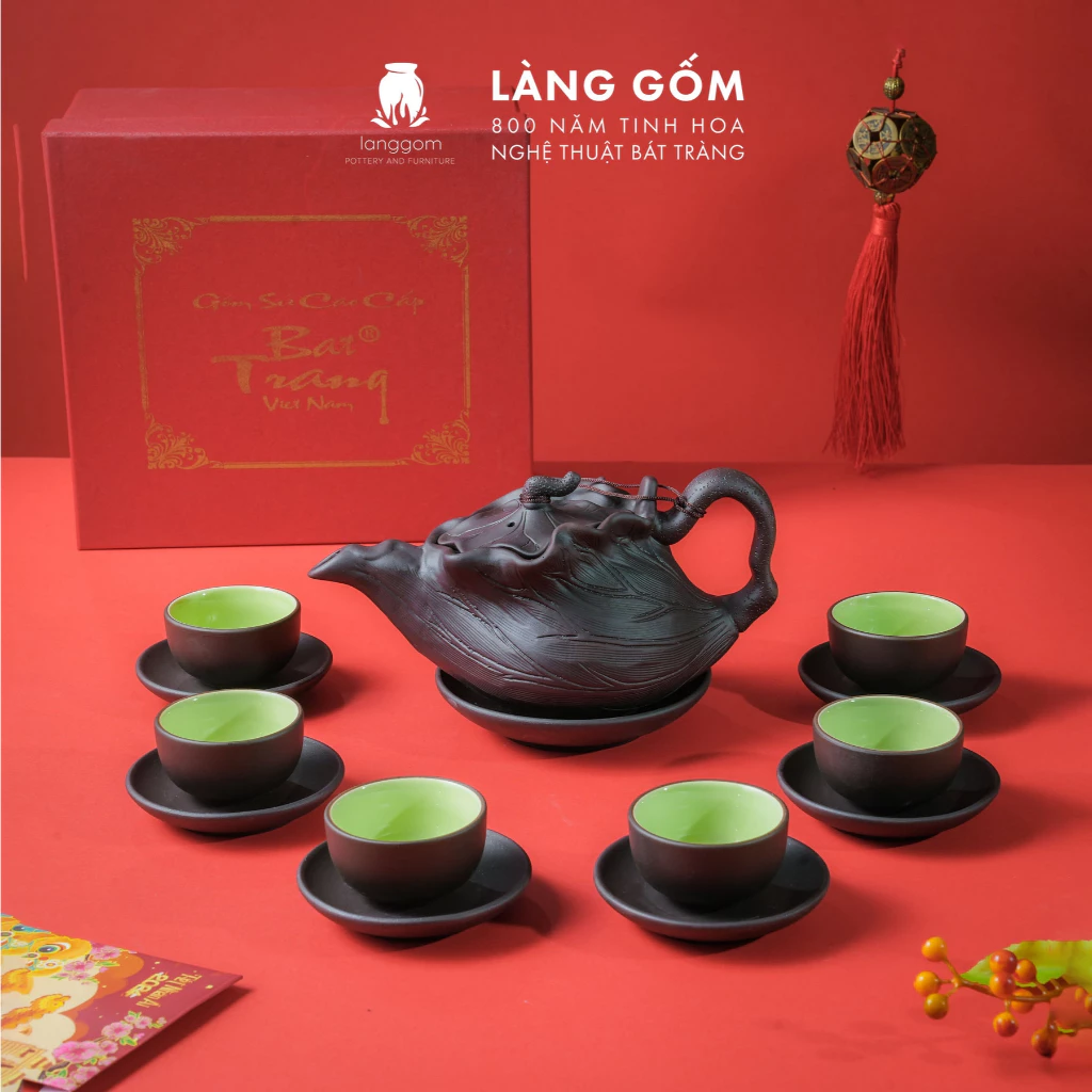 バッチャン焼 職人手作り 陶器茶器セット (急須/蓋碗式) トレイまたは銘々皿付き - 高品質ベトナム茶器