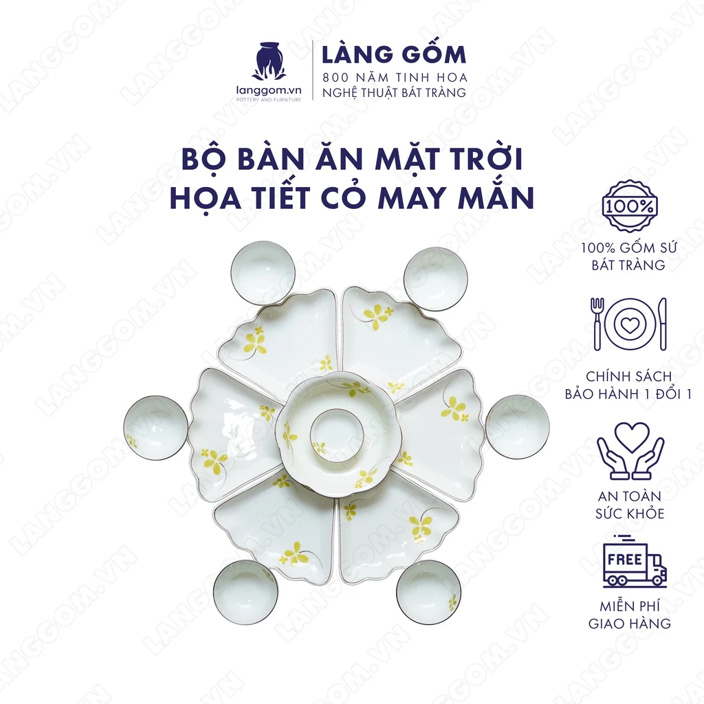 「LÀNG GỐM」製 高級バッチャン焼き 手描きヒマワリ模様食器セット (白釉)