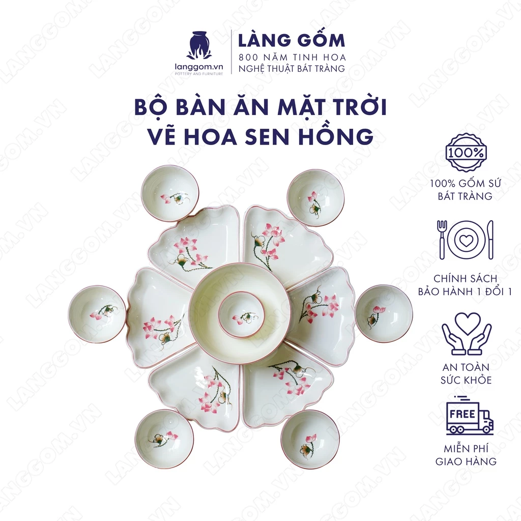 バッチャン焼き高級食器セット - 白磁器 蓮の花手描き ひまわり型(LÀNG GỐM)