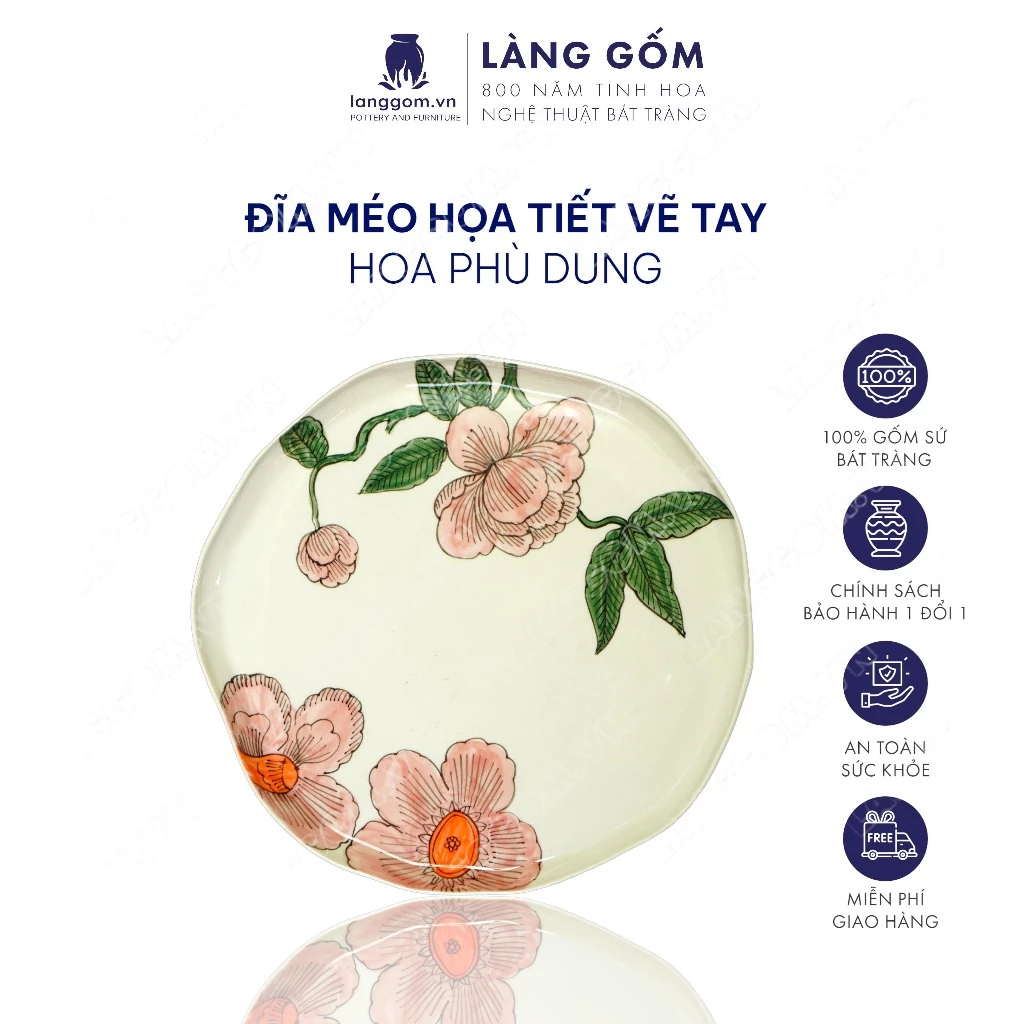 『LÀNG GỐM』バッチャン焼き 高級手描き芙蓉柄 歪み陶器皿 (盛り付け/装飾用)