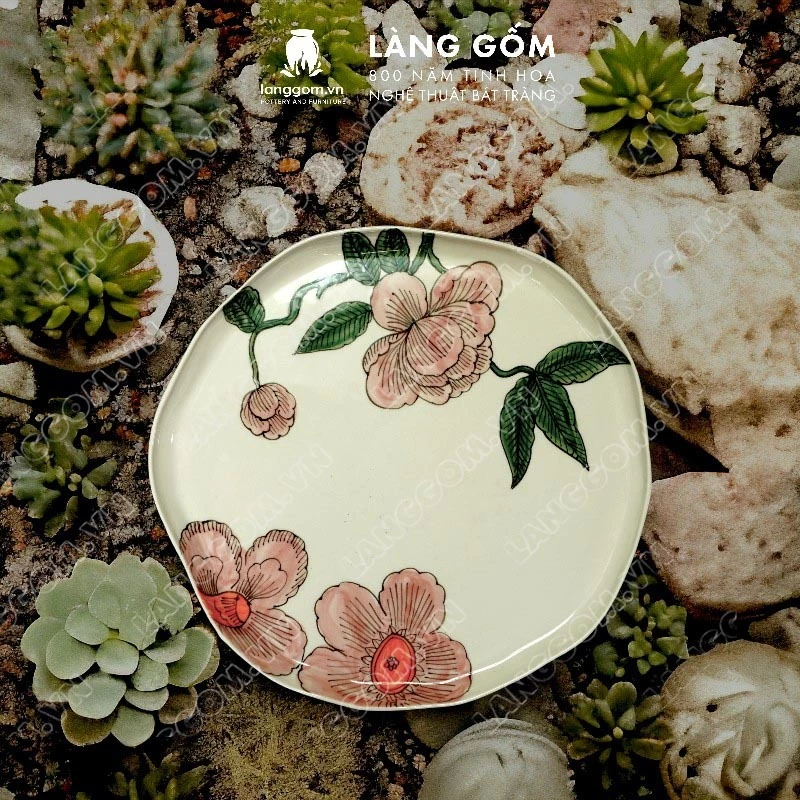 『LÀNG GỐM』バッチャン焼き 高級手描き芙蓉柄 歪み陶器皿 (盛り付け/装飾用)