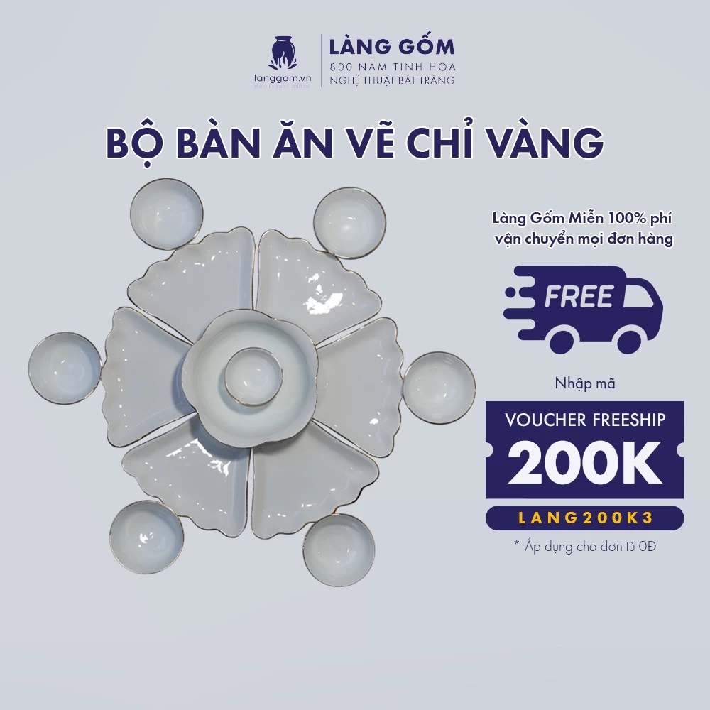 バッチャン焼き 高級白磁器 金彩ひまわり模様 食器セット (LÀNG GỐM)