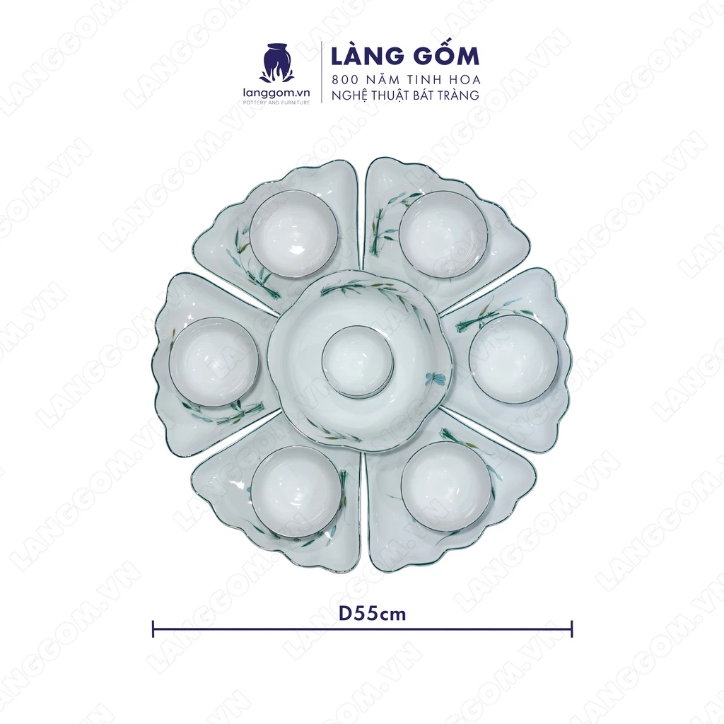LÀNG GỐM バッチャン焼き高級食器セット - ひまわり模様(竹とんぼ絵付け、白/クリーム釉)