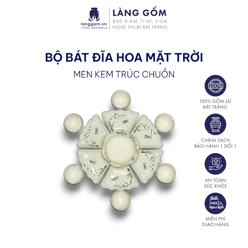 LÀNG GỐM バッチャン焼き高級食器セット - ひまわり模様(竹とんぼ絵付け、白/クリーム釉)