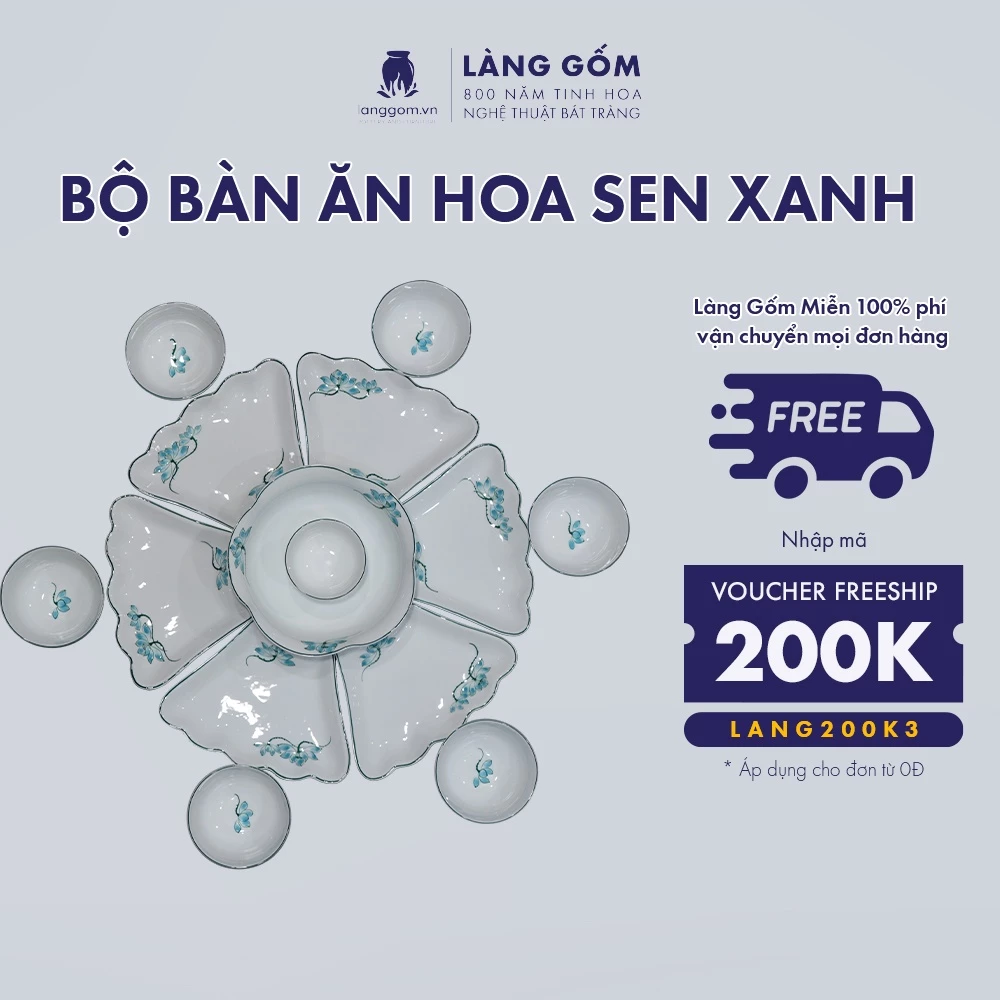 バッチャン焼き 高級食器セット 蓮の花と太陽のデザイン (白釉、青蓮柄) Làng Gốm製 - 45cm/55cm