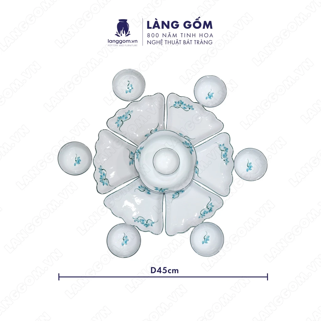 バッチャン焼き 高級食器セット 蓮の花と太陽のデザイン (白釉、青蓮柄) Làng Gốm製 - 45cm/55cm