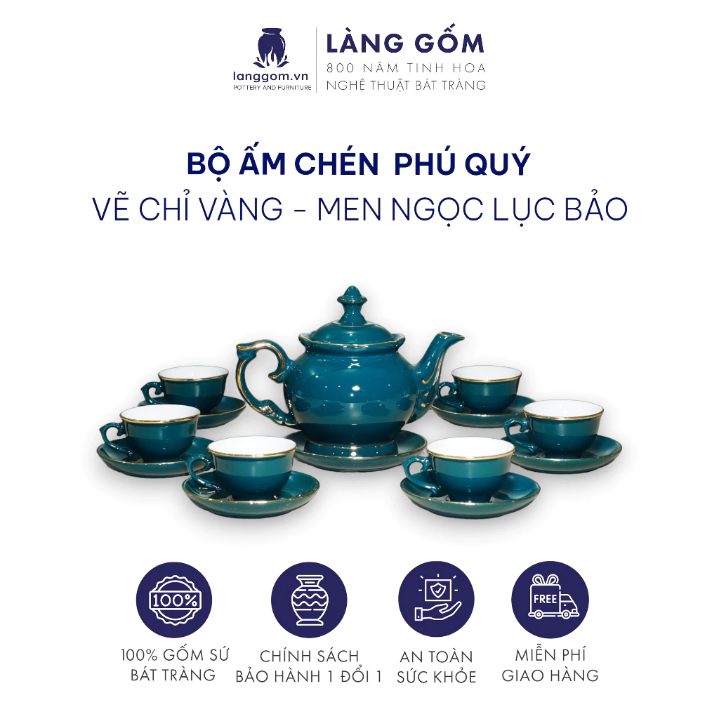 「LÀNG GỐM」バッチャン焼き 高級茶器セット phú quý エメラルド金彩 - 豪華7点セット