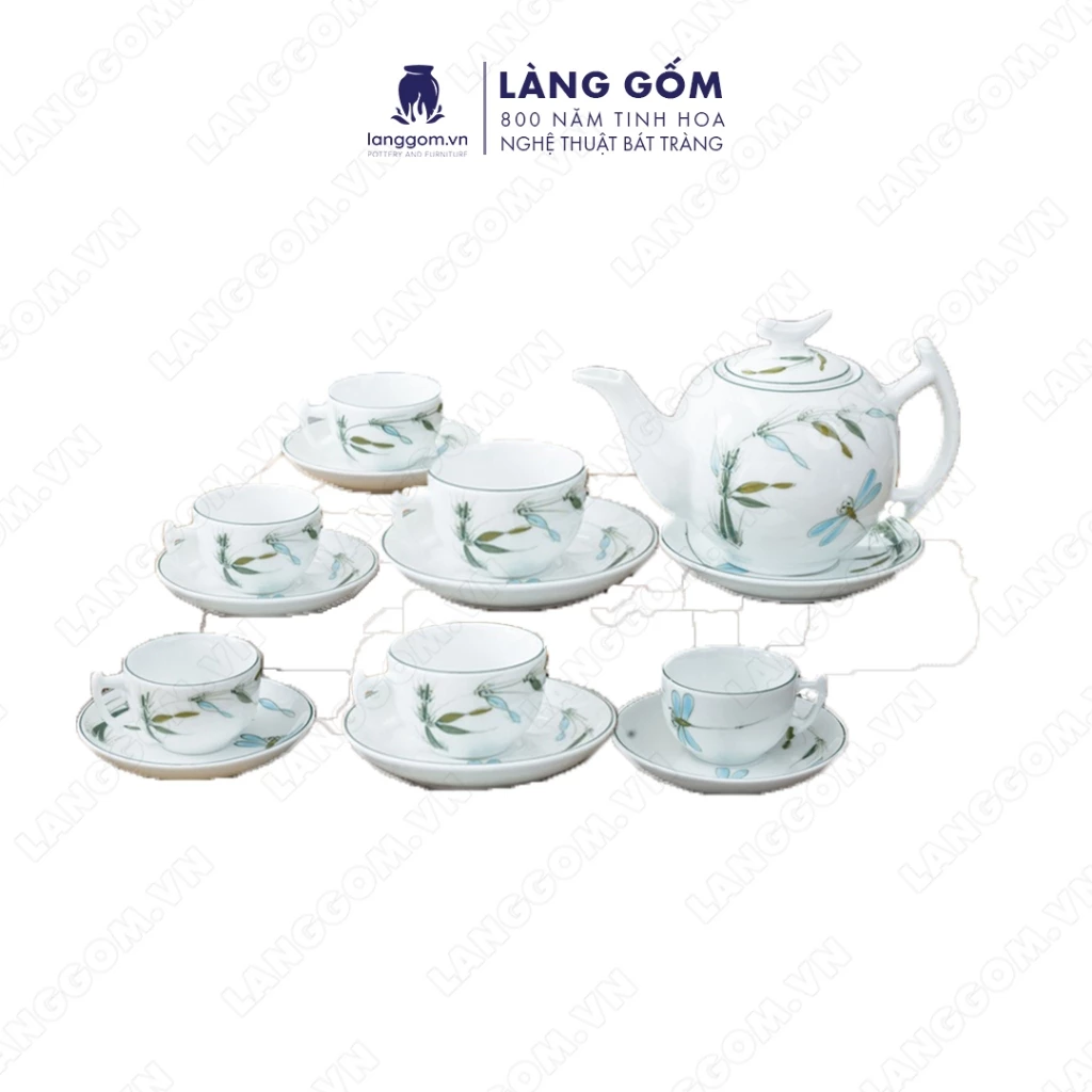 バッチャン焼 高級茶器セット 蓮青絵柄 白釉仕上げ - LÀNG GỐM